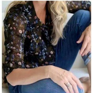 CAbi Floret Blouse #3593 Black Sheer Hillside Top Size Small